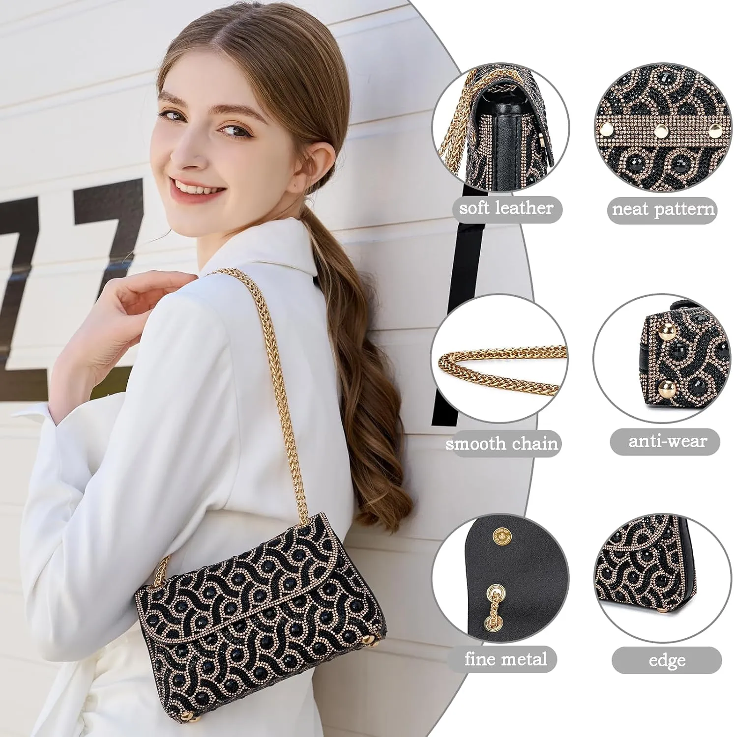Flower Evening Handbags Chain Strap Square Shoulder Bag Crossbody Bag Crystals Rhinestone Clutch Purse