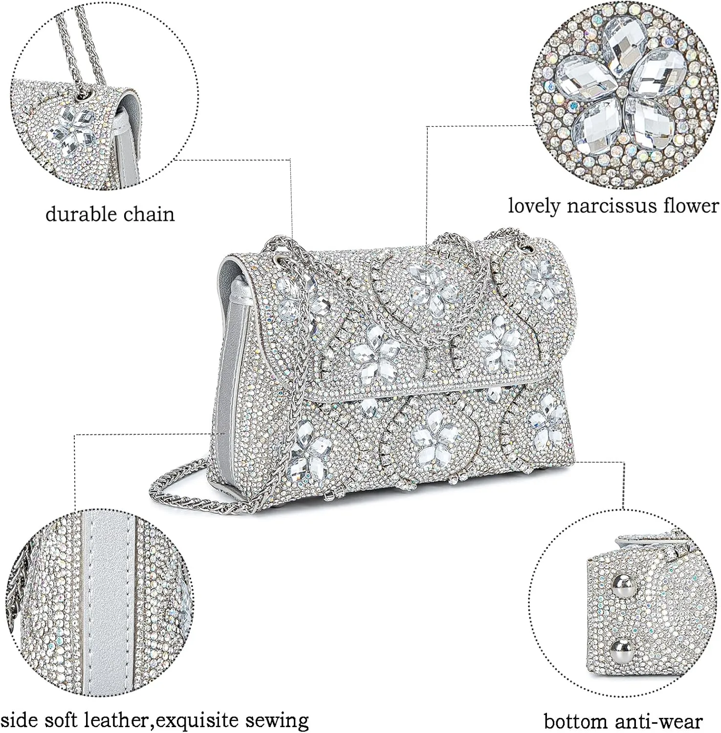 Flower Evening Handbags Chain Strap Square Shoulder Bag Crossbody Bag Crystals Rhinestone Clutch Purse