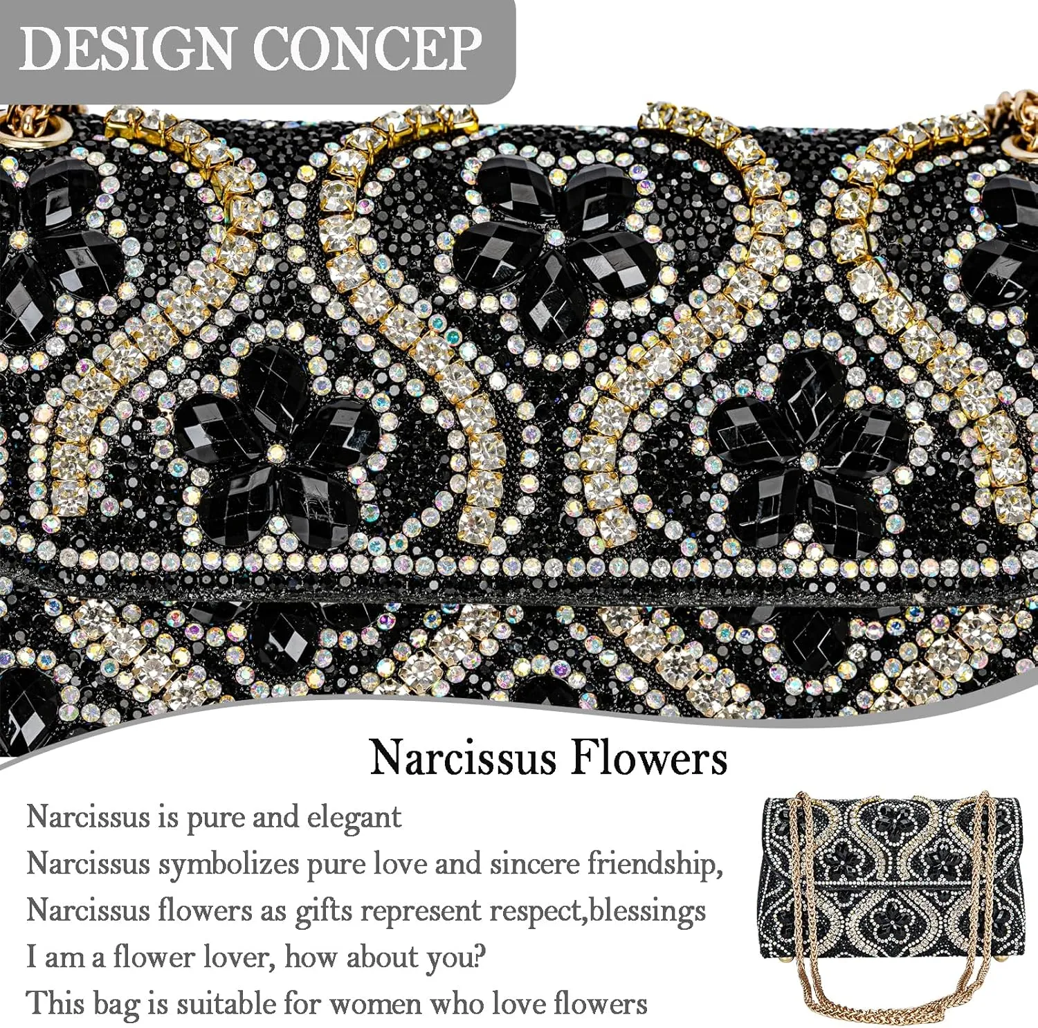 Flower Evening Handbags Chain Strap Square Shoulder Bag Crossbody Bag Crystals Rhinestone Clutch Purse