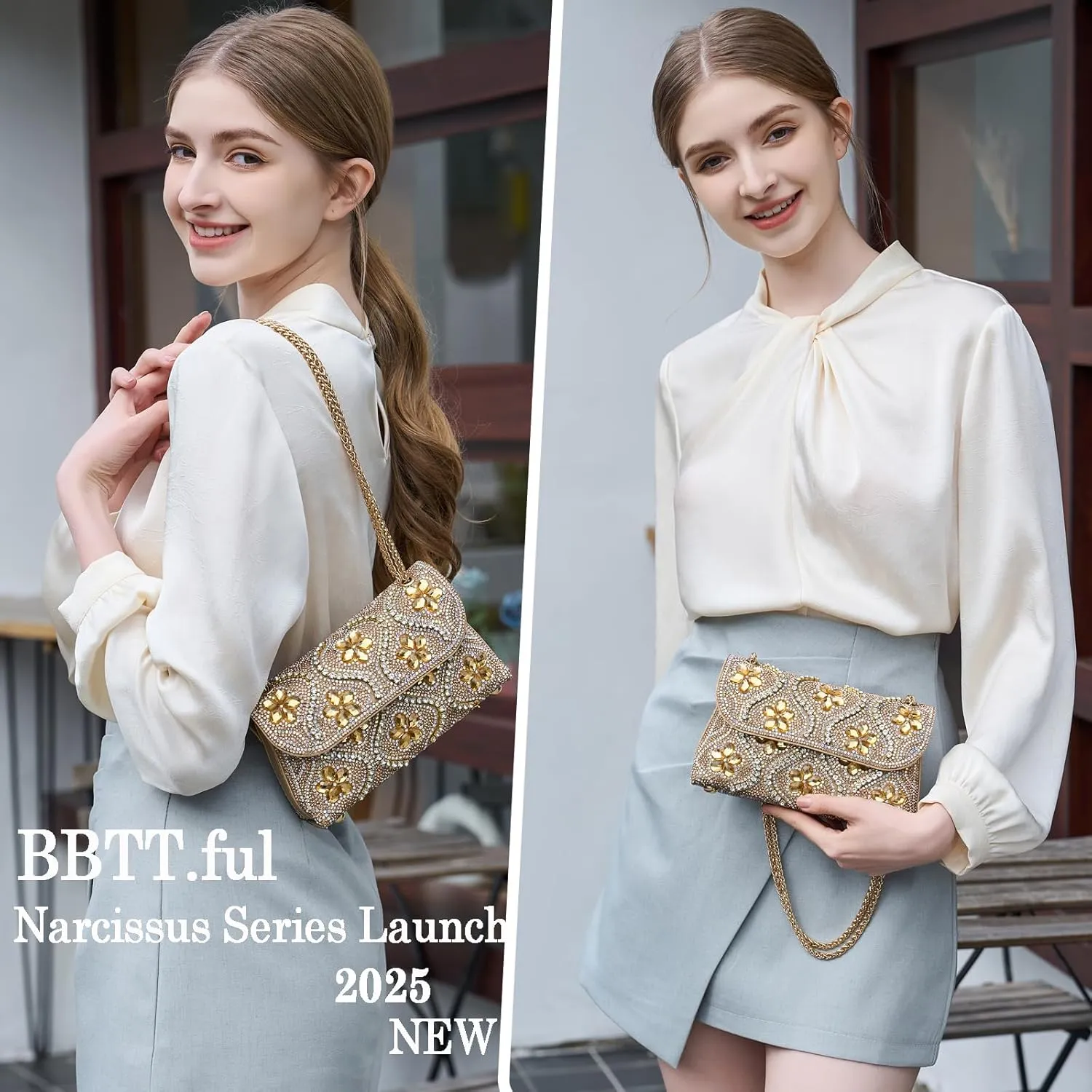 Flower Evening Handbags Chain Strap Square Shoulder Bag Crossbody Bag Crystals Rhinestone Clutch Purse