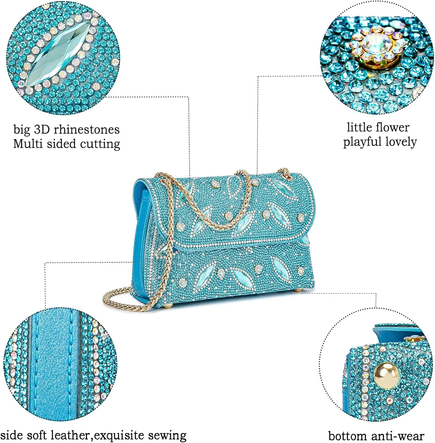 Flower Evening Handbags Chain Strap Square Shoulder Bag Crossbody Bag Crystals Rhinestone Clutch Purse