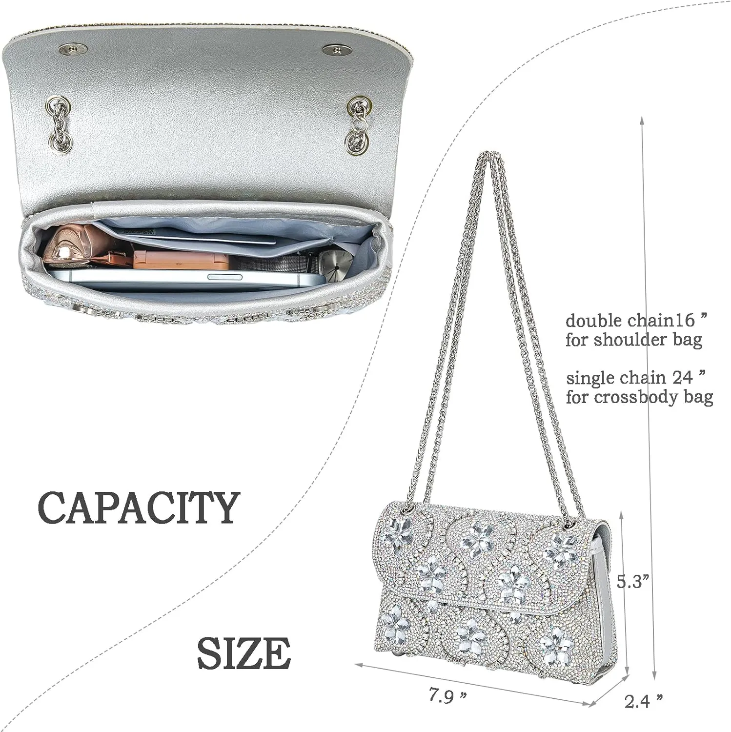 Flower Evening Handbags Chain Strap Square Shoulder Bag Crossbody Bag Crystals Rhinestone Clutch Purse