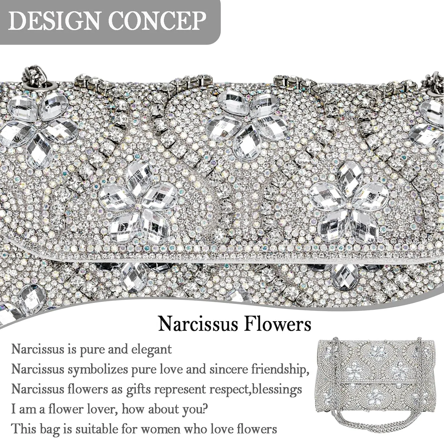 Flower Evening Handbags Chain Strap Square Shoulder Bag Crossbody Bag Crystals Rhinestone Clutch Purse