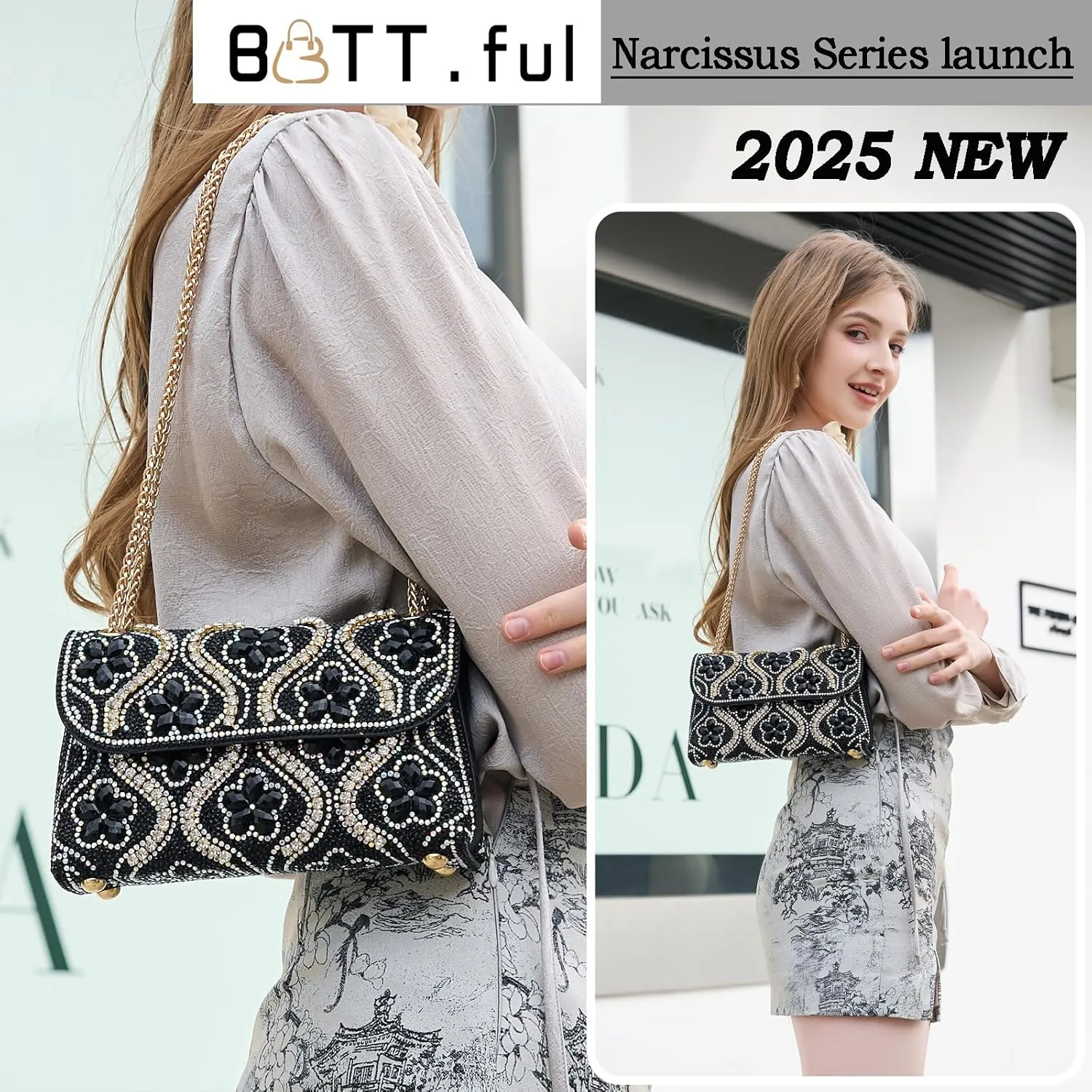 Flower Evening Handbags Chain Strap Square Shoulder Bag Crossbody Bag Crystals Rhinestone Clutch Purse