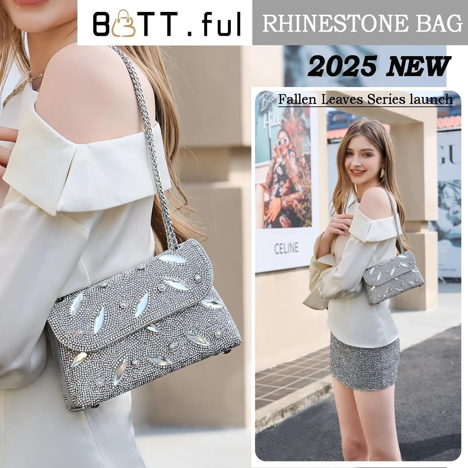 Flower Evening Handbags Chain Strap Square Shoulder Bag Crossbody Bag Crystals Rhinestone Clutch Purse