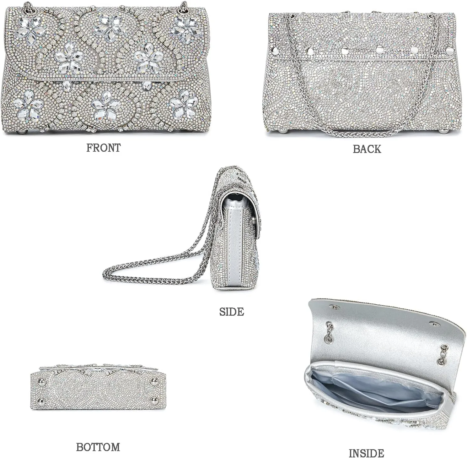 Flower Evening Handbags Chain Strap Square Shoulder Bag Crossbody Bag Crystals Rhinestone Clutch Purse