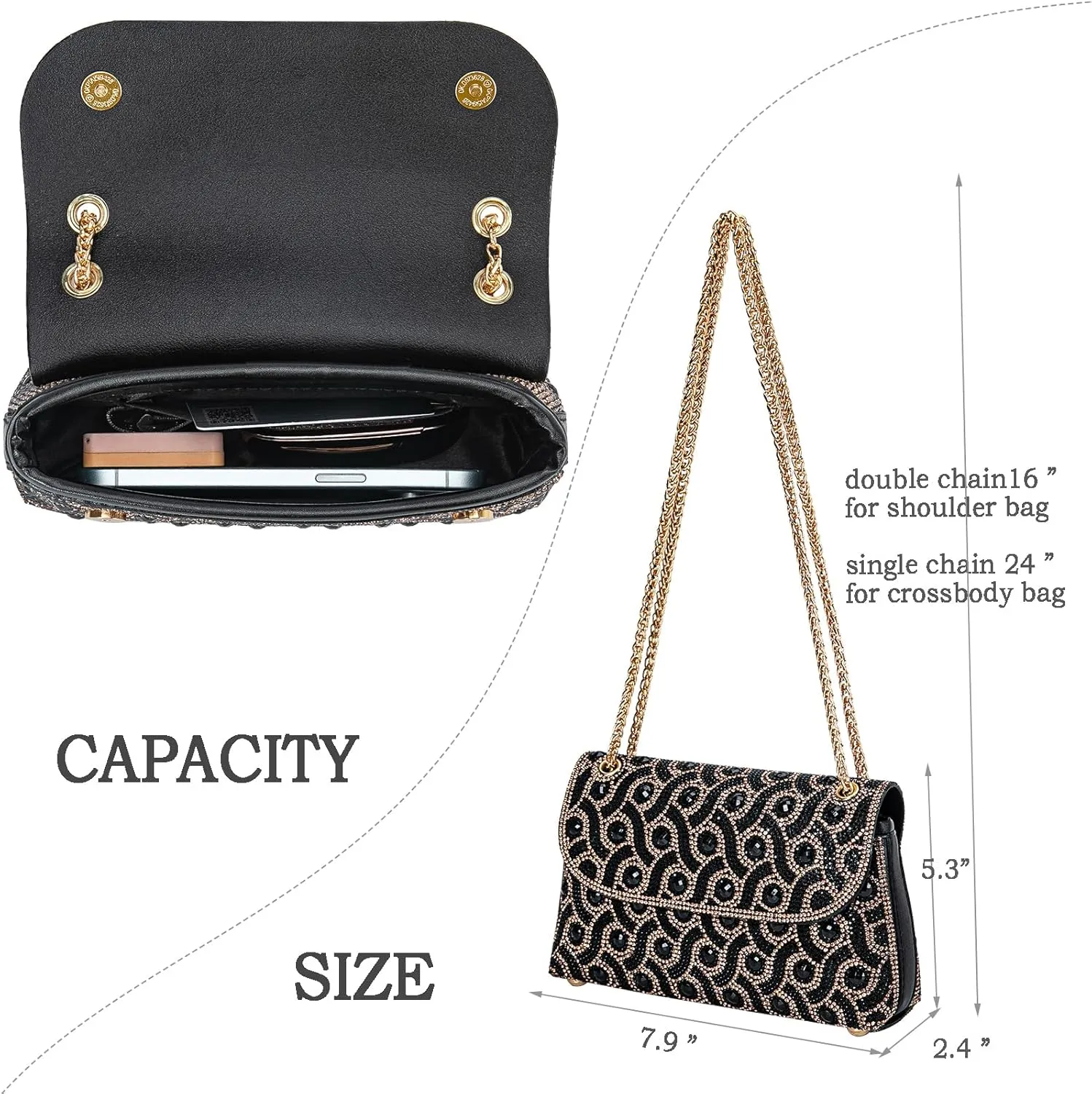 Flower Evening Handbags Chain Strap Square Shoulder Bag Crossbody Bag Crystals Rhinestone Clutch Purse