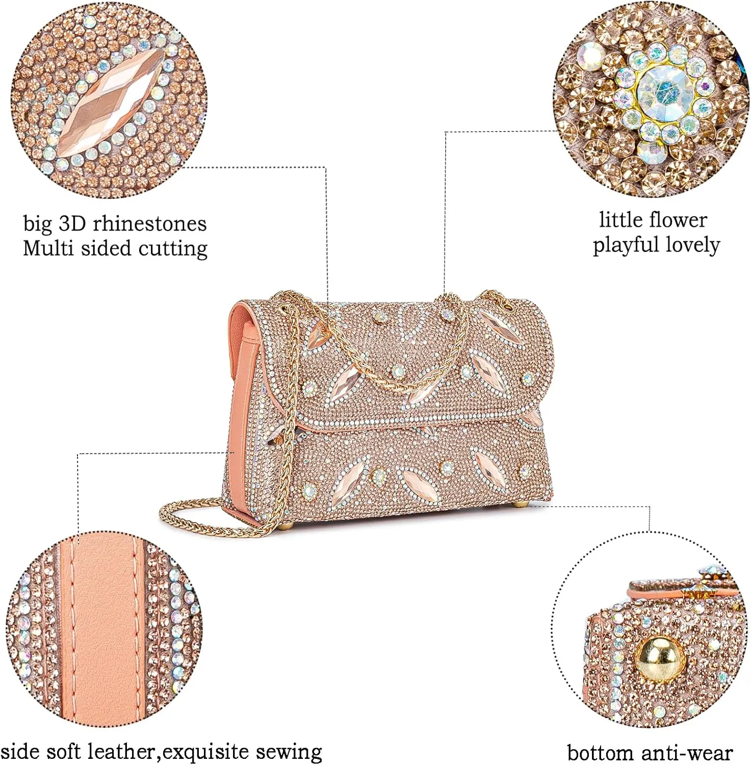 Flower Evening Handbags Chain Strap Square Shoulder Bag Crossbody Bag Crystals Rhinestone Clutch Purse
