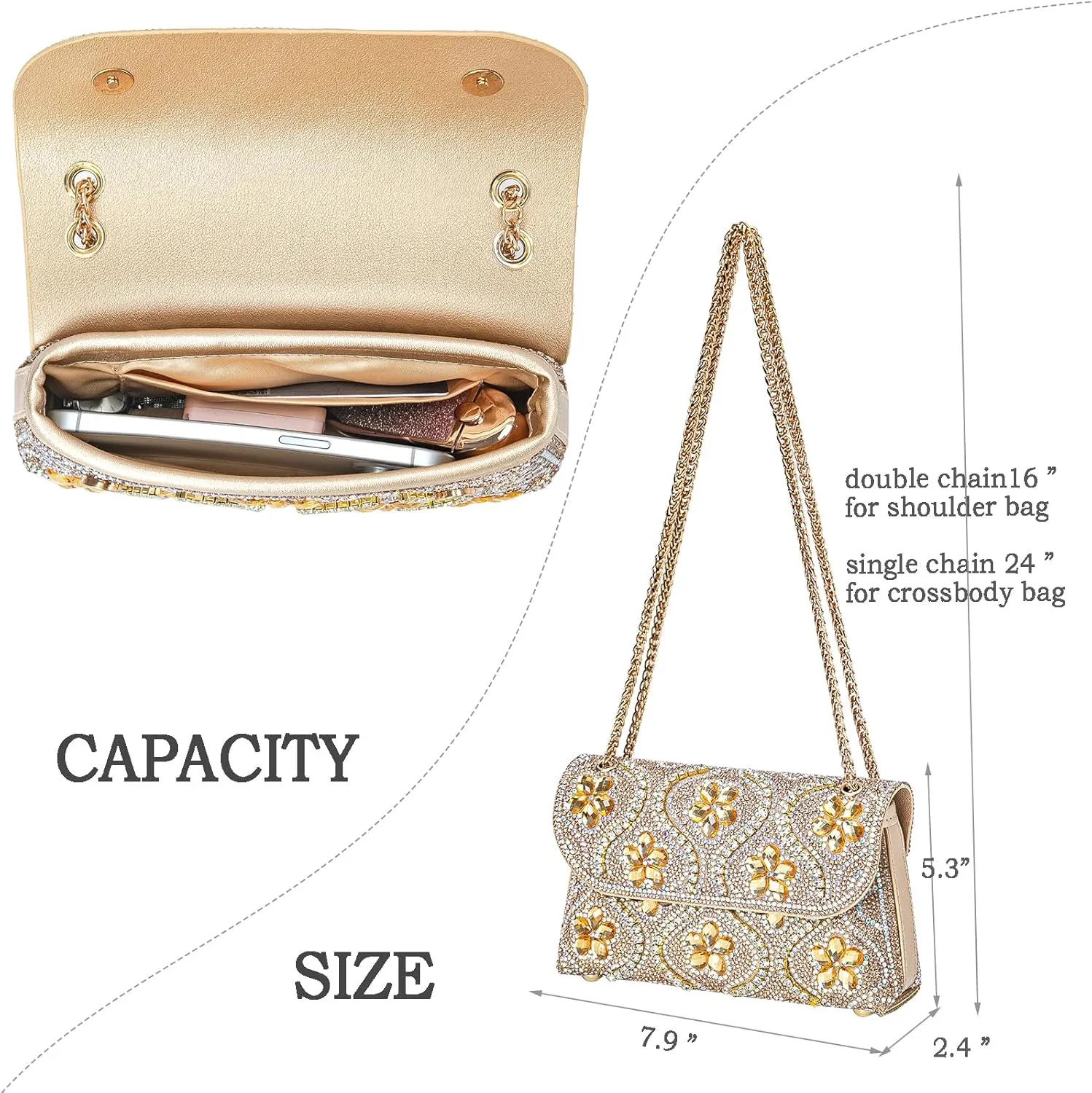 Flower Evening Handbags Chain Strap Square Shoulder Bag Crossbody Bag Crystals Rhinestone Clutch Purse