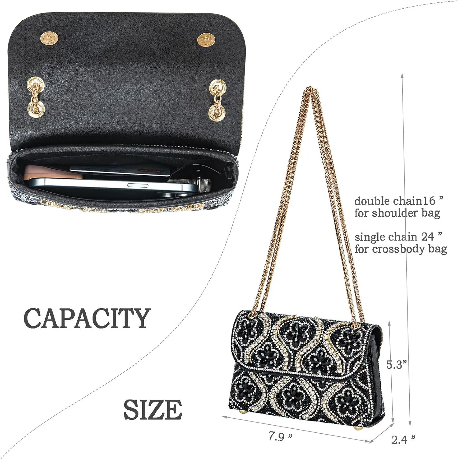 Flower Evening Handbags Chain Strap Square Shoulder Bag Crossbody Bag Crystals Rhinestone Clutch Purse