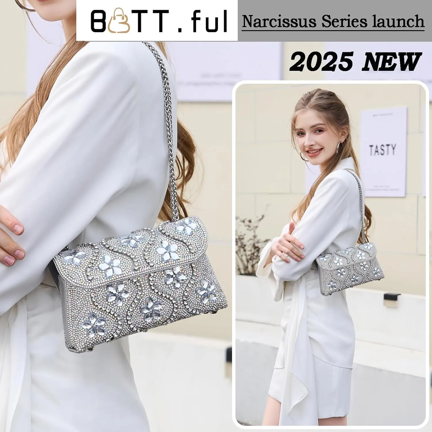 Flower Evening Handbags Chain Strap Square Shoulder Bag Crossbody Bag Crystals Rhinestone Clutch Purse