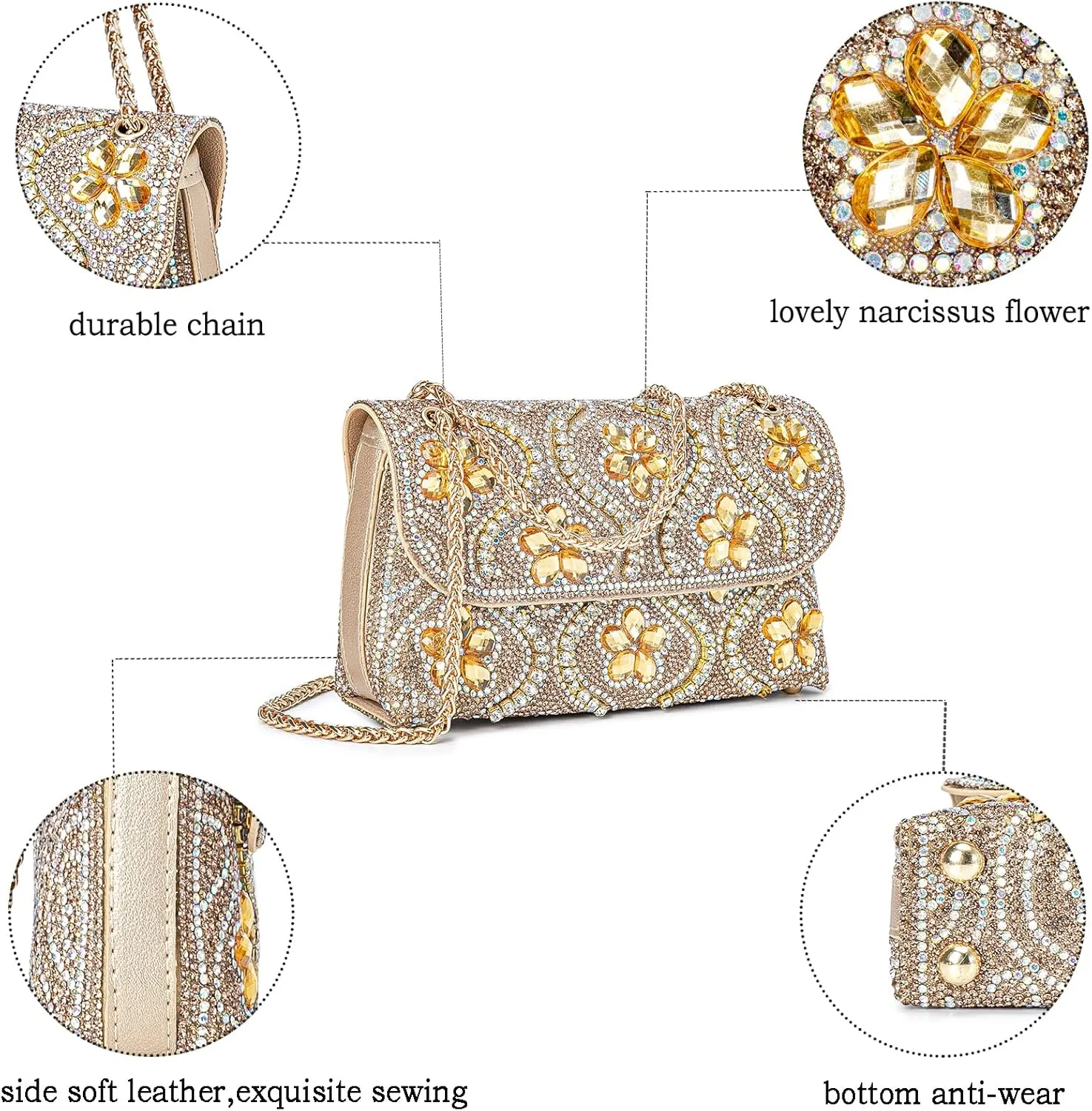 Flower Evening Handbags Chain Strap Square Shoulder Bag Crossbody Bag Crystals Rhinestone Clutch Purse