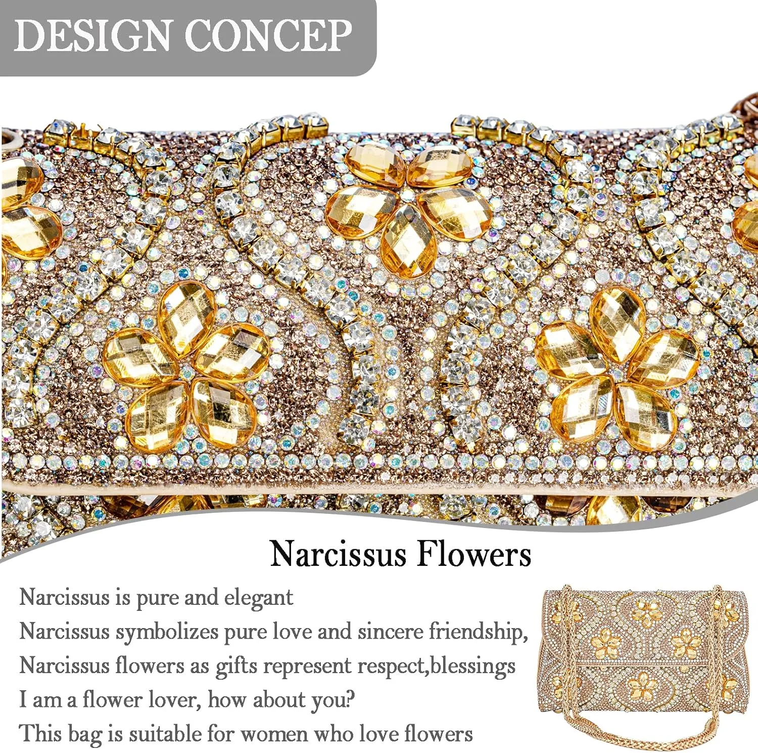 Flower Evening Handbags Chain Strap Square Shoulder Bag Crossbody Bag Crystals Rhinestone Clutch Purse