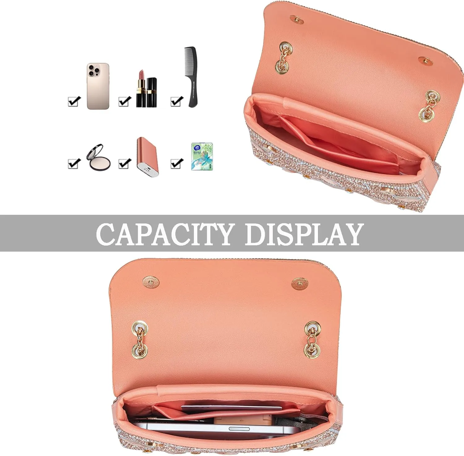 Flower Evening Handbags Chain Strap Square Shoulder Bag Crossbody Bag Crystals Rhinestone Clutch Purse