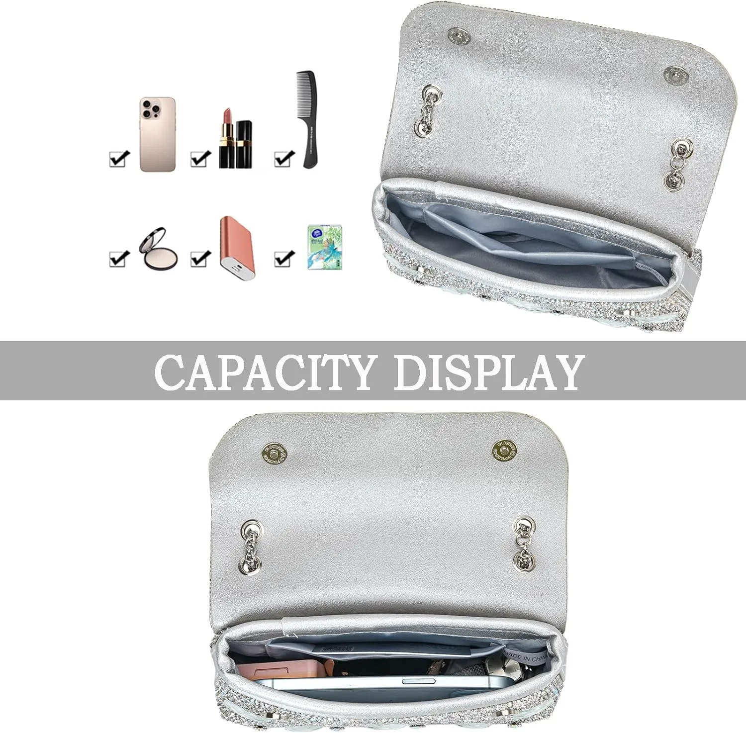 Flower Evening Handbags Chain Strap Square Shoulder Bag Crossbody Bag Crystals Rhinestone Clutch Purse