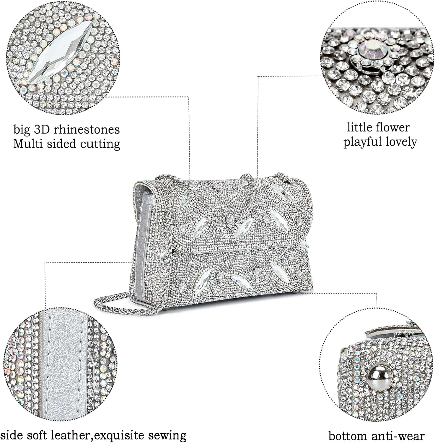 Flower Evening Handbags Chain Strap Square Shoulder Bag Crossbody Bag Crystals Rhinestone Clutch Purse