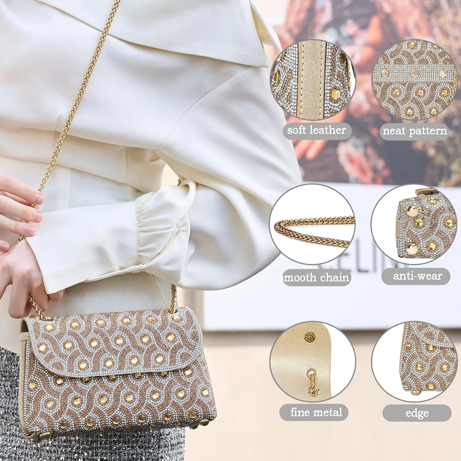 Flower Evening Handbags Chain Strap Square Shoulder Bag Crossbody Bag Crystals Rhinestone Clutch Purse