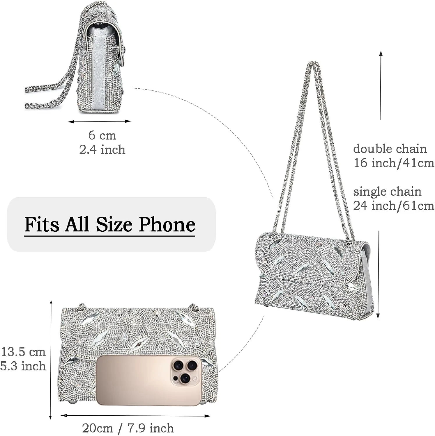 Flower Evening Handbags Chain Strap Square Shoulder Bag Crossbody Bag Crystals Rhinestone Clutch Purse