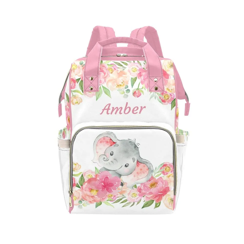 Flower Leave Watercolor Elephant Diaper Bags Backpack with Name Personalized Baby Bag Nursing Nappy Bag Gifts