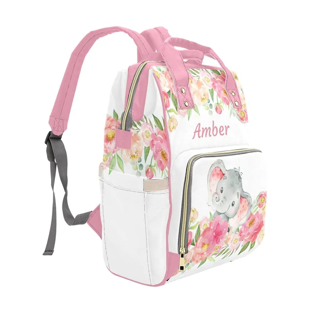 Flower Leave Watercolor Elephant Diaper Bags Backpack with Name Personalized Baby Bag Nursing Nappy Bag Gifts