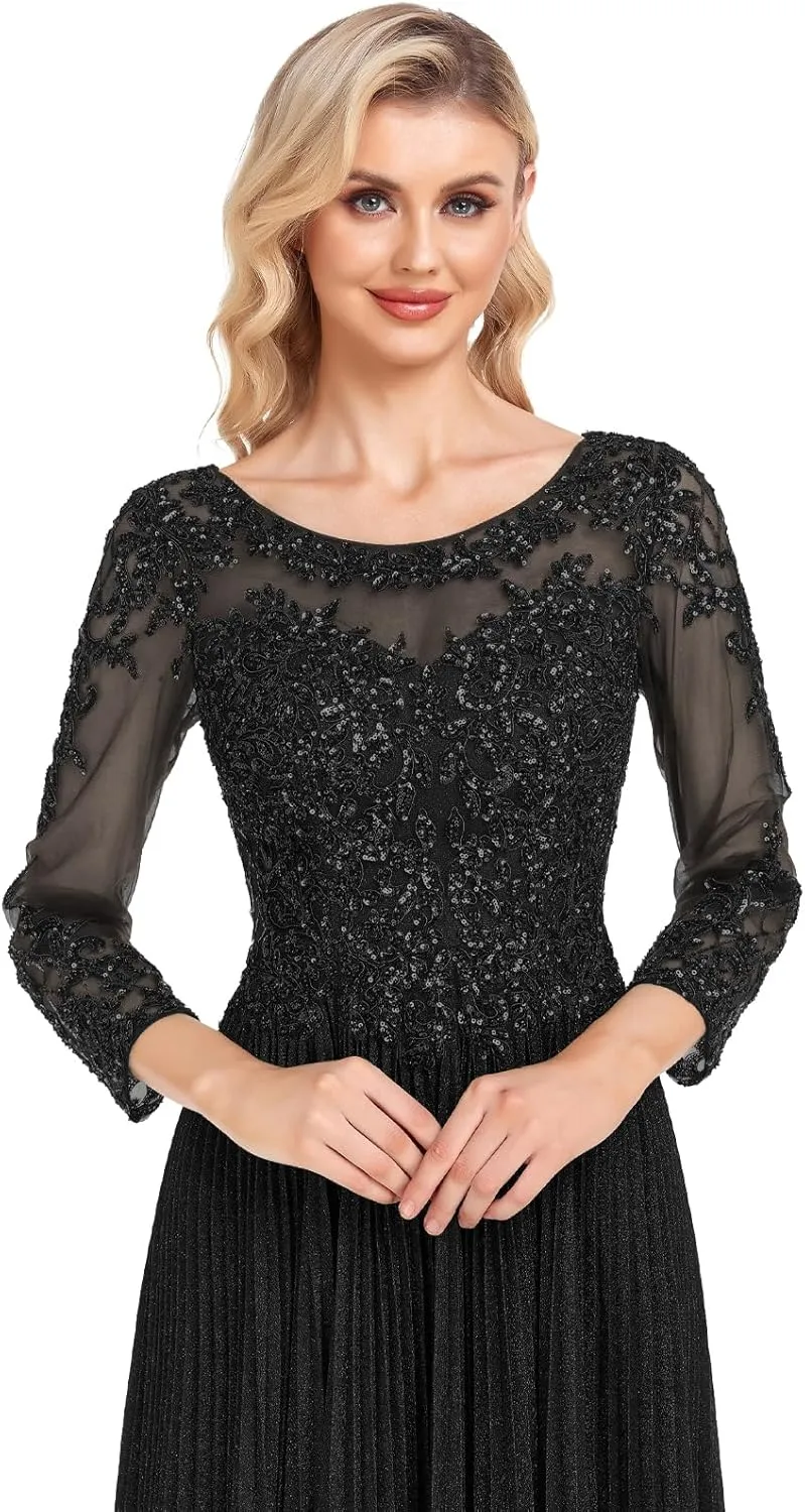 ForElise Mother of The Bride Dresses for Wedding 3/4 Sleeve Lace Appliques Long Formal Evening Dress