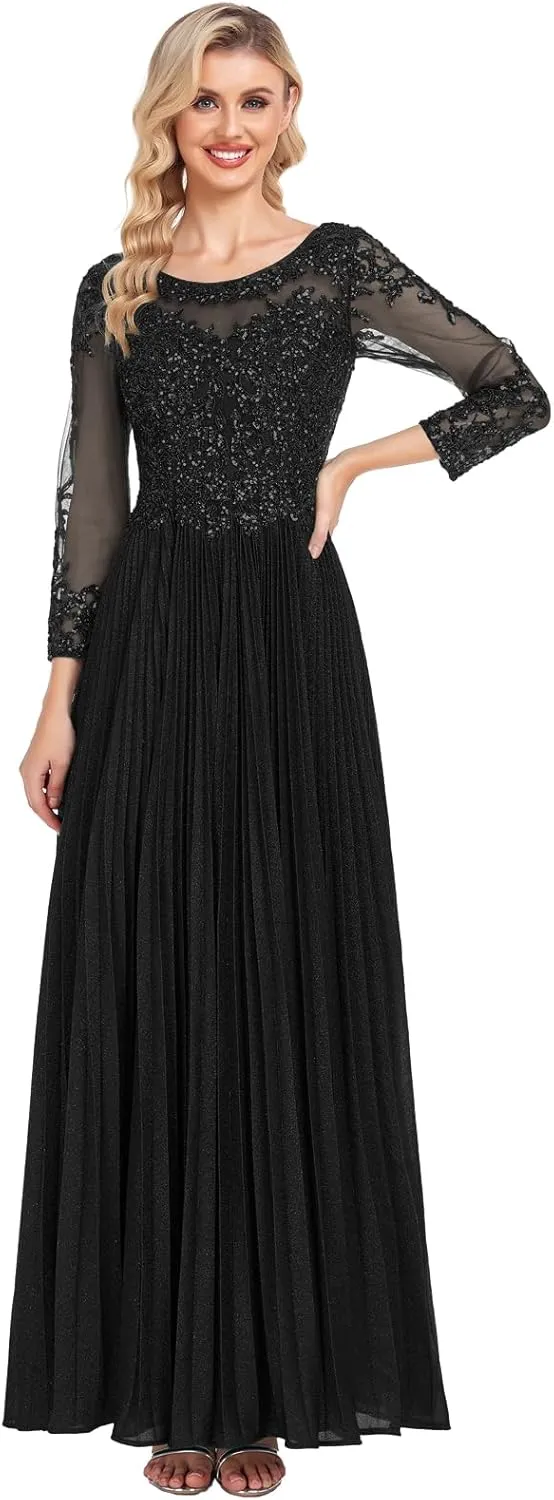 ForElise Mother of The Bride Dresses for Wedding 3/4 Sleeve Lace Appliques Long Formal Evening Dress