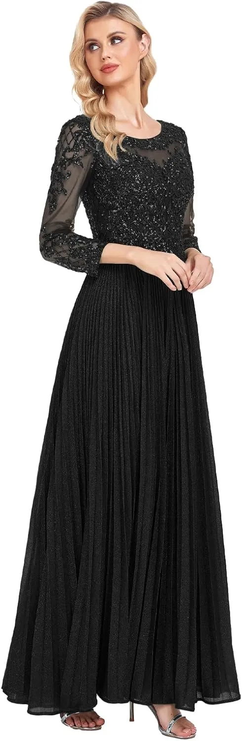 ForElise Mother of The Bride Dresses for Wedding 3/4 Sleeve Lace Appliques Long Formal Evening Dress
