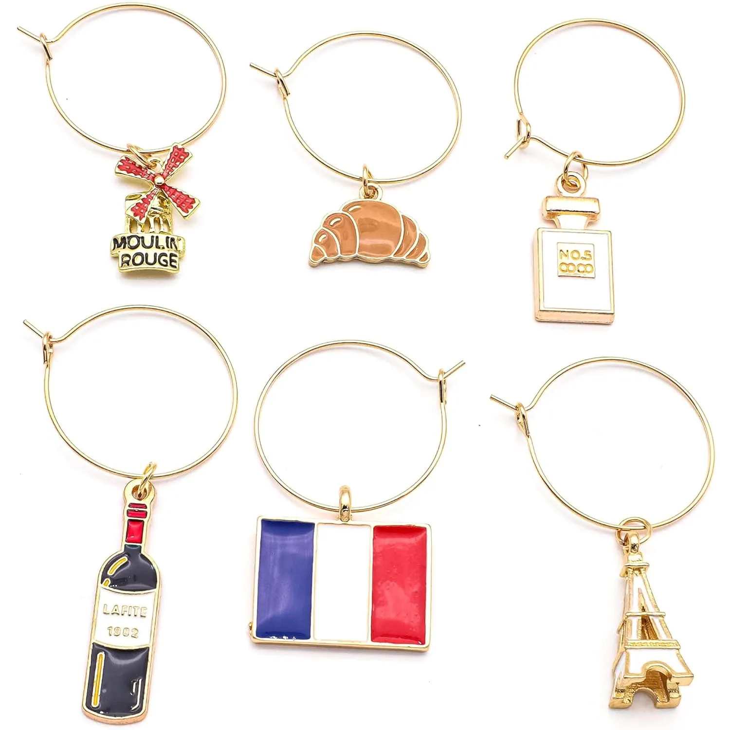 France Wine Glass Charms, France Gift, French Glass Identifiers, Charms Include Paris Eiffel Tower, Moulin Rouge, French Wine, Parfume, Flag and Croissant