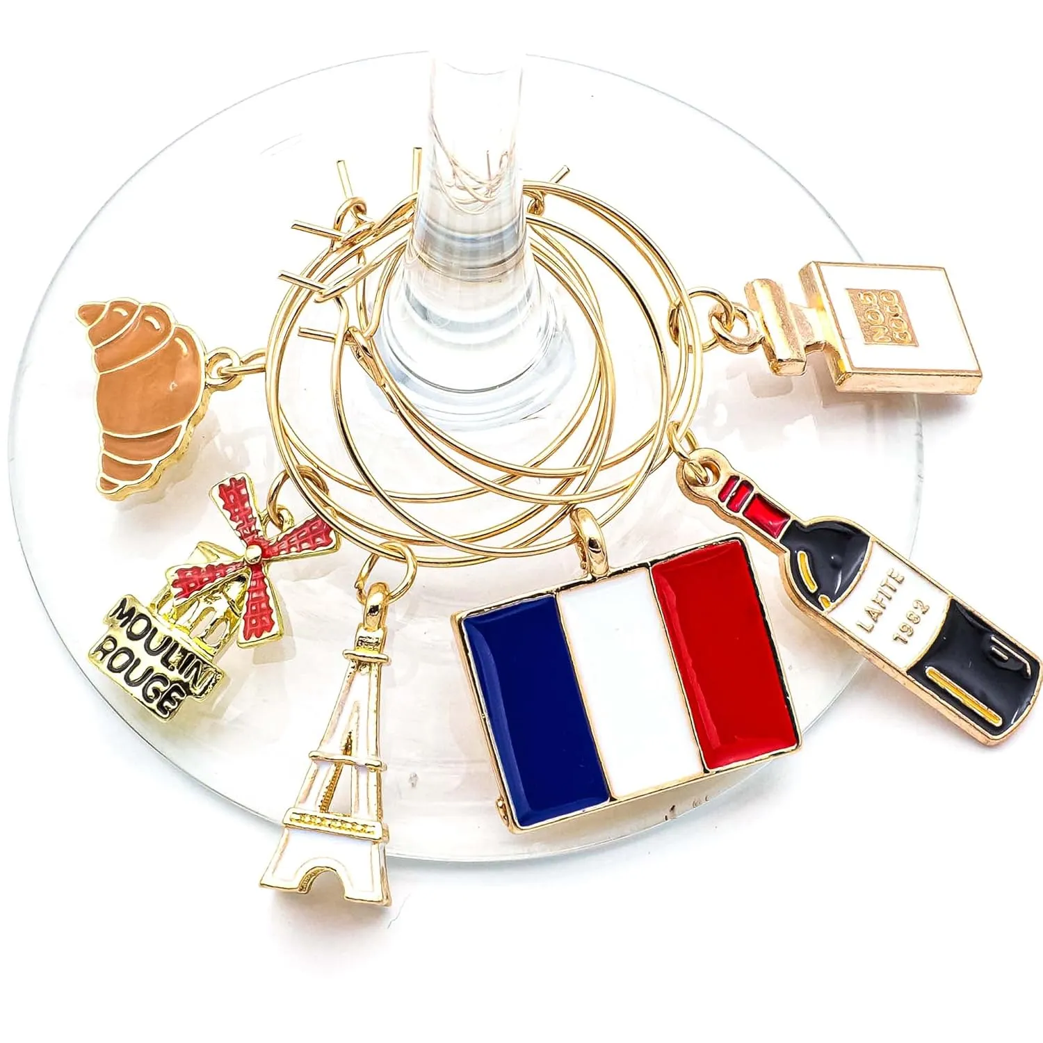 France Wine Glass Charms, France Gift, French Glass Identifiers, Charms Include Paris Eiffel Tower, Moulin Rouge, French Wine, Parfume, Flag and Croissant