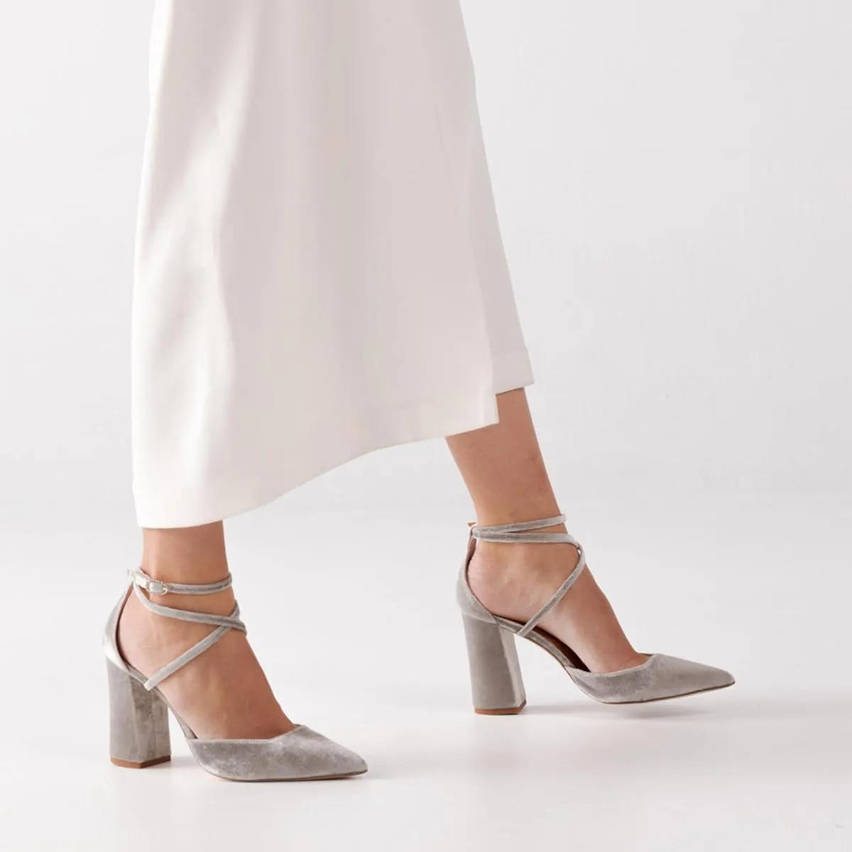 FSJ Women Bridal Chunky High Heels Pointed Toe Pumps Cross Strap D'Orsay Velvet Block Heel Sandals Wedding Evening Shoes Size 4-16 US