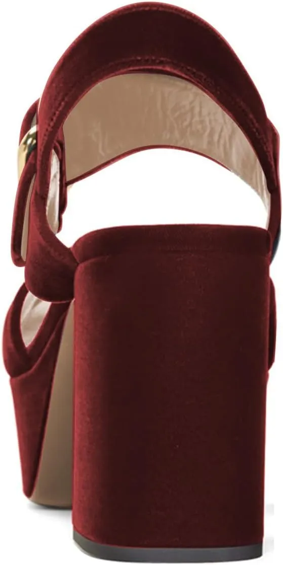 FSJ Women Peep Toe Chunky High Heels Platform Sandals Ankle Strap Velvet & Suede Summer Dress Wedding Prom Shoes Size 4-15 US