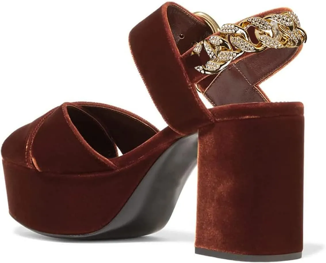 FSJ Women Peep Toe Chunky High Heels Platform Sandals Ankle Strap Velvet & Suede Summer Dress Wedding Prom Shoes Size 4-15 US