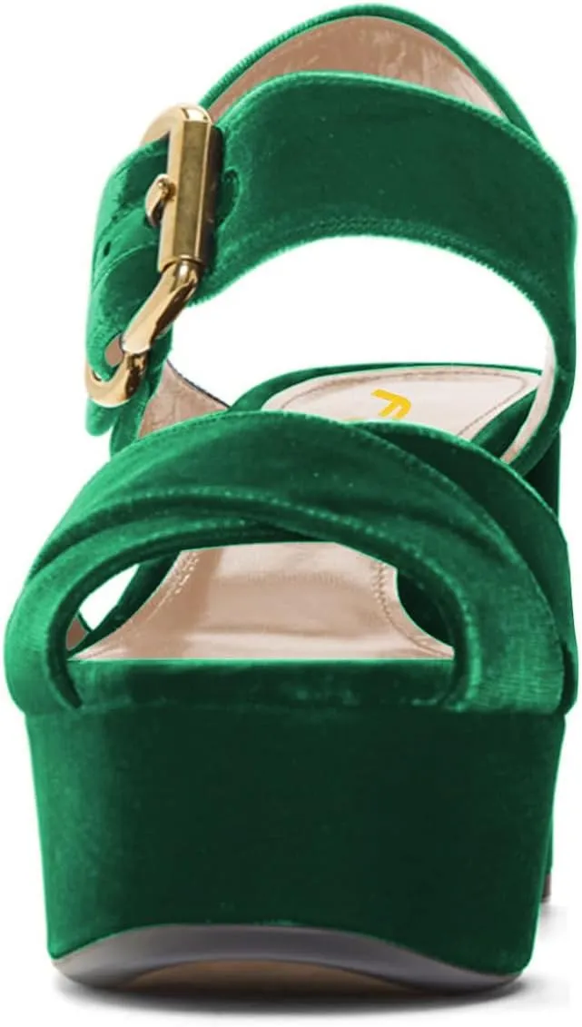 FSJ Women Peep Toe Chunky High Heels Platform Sandals Ankle Strap Velvet & Suede Summer Dress Wedding Prom Shoes Size 4-15 US