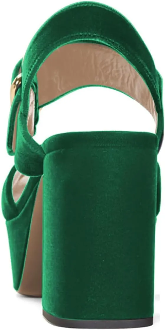FSJ Women Peep Toe Chunky High Heels Platform Sandals Ankle Strap Velvet & Suede Summer Dress Wedding Prom Shoes Size 4-15 US
