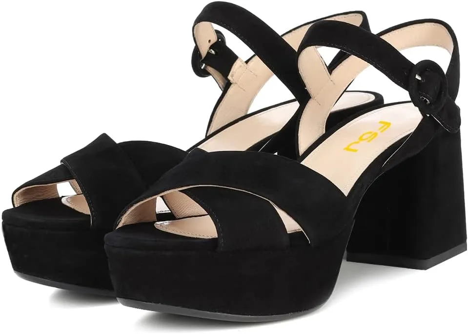 FSJ Women Peep Toe Chunky High Heels Platform Sandals Ankle Strap Velvet & Suede Summer Dress Wedding Prom Shoes Size 4-15 US