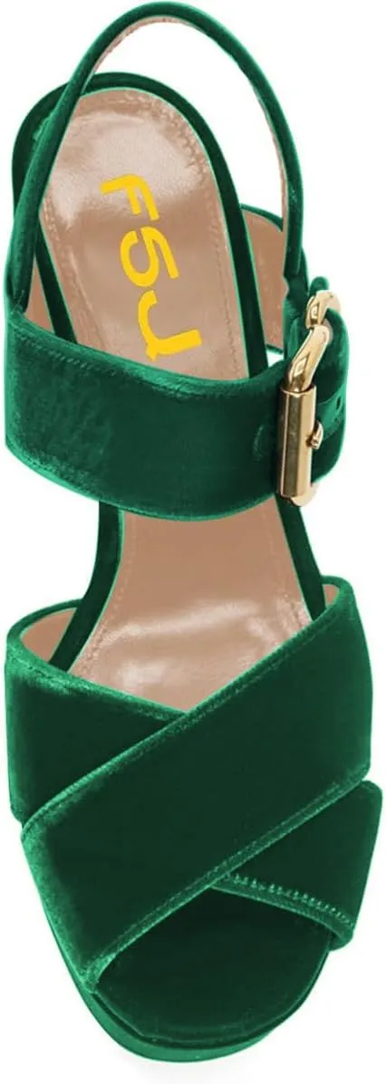 FSJ Women Peep Toe Chunky High Heels Platform Sandals Ankle Strap Velvet & Suede Summer Dress Wedding Prom Shoes Size 4-15 US