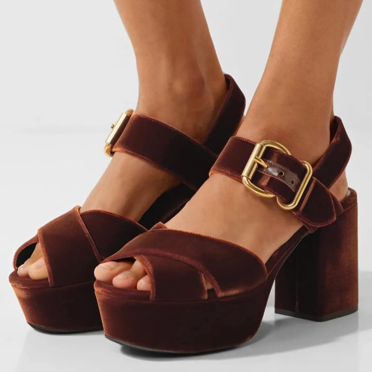 FSJ Women Peep Toe Chunky High Heels Platform Sandals Ankle Strap Velvet & Suede Summer Dress Wedding Prom Shoes Size 4-15 US
