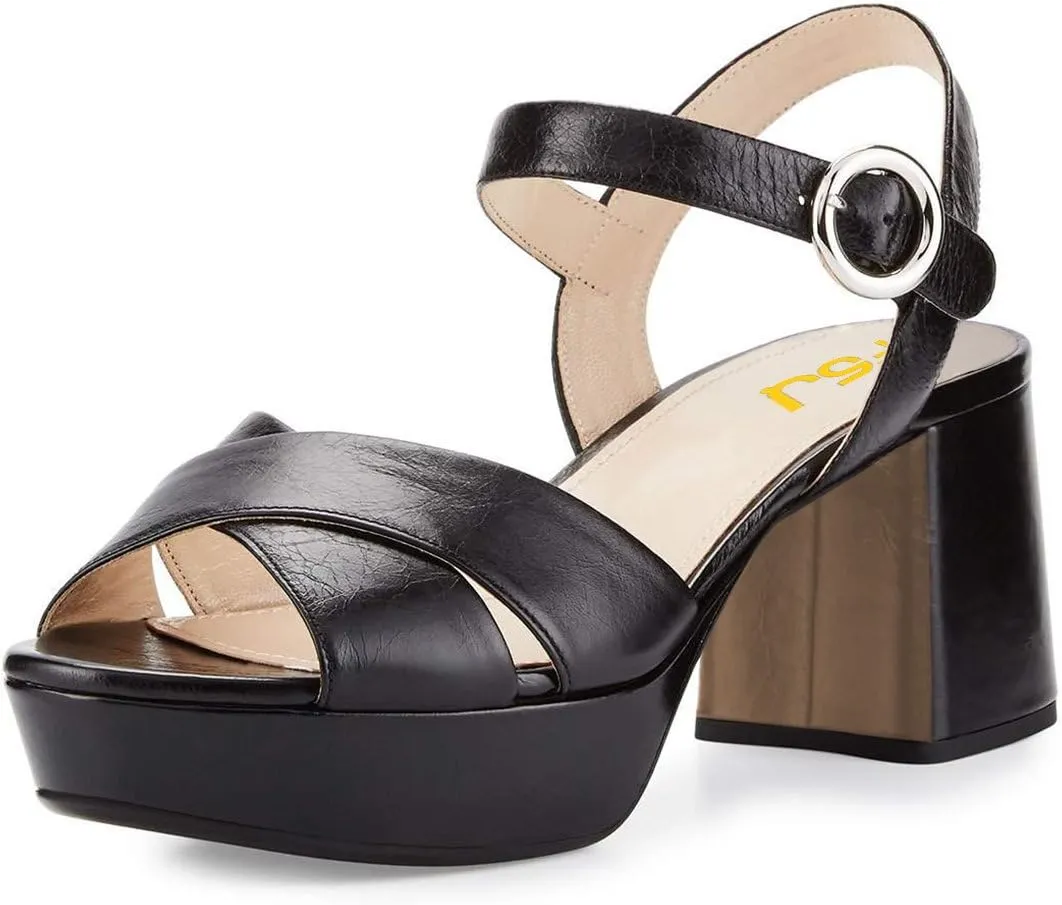 FSJ Women Peep Toe Chunky High Heels Platform Sandals Ankle Strap Velvet & Suede Summer Dress Wedding Prom Shoes Size 4-15 US