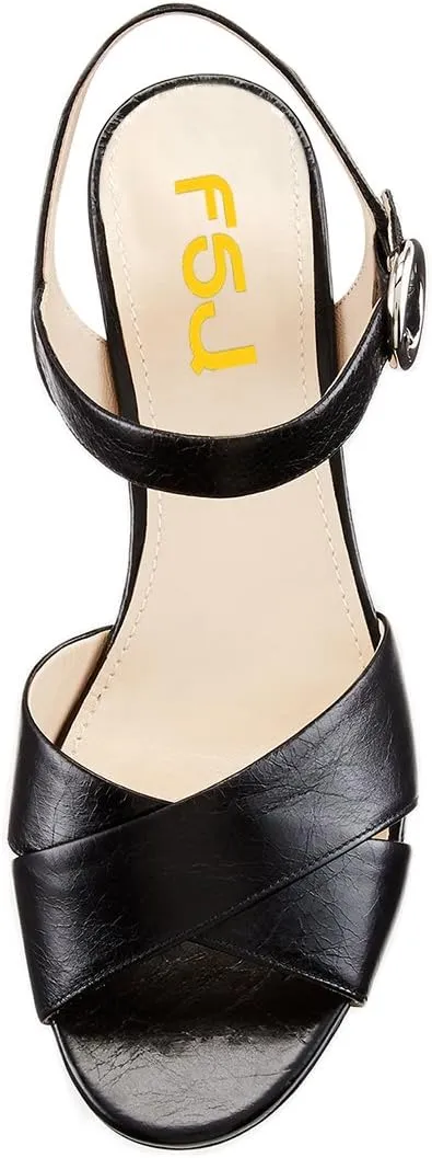 FSJ Women Peep Toe Chunky High Heels Platform Sandals Ankle Strap Velvet & Suede Summer Dress Wedding Prom Shoes Size 4-15 US