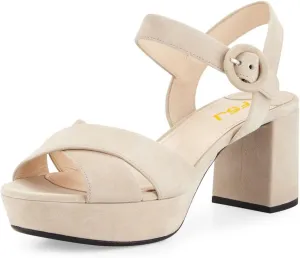 FSJ Women Peep Toe Chunky High Heels Platform Sandals Ankle Strap Velvet & Suede Summer Dress Wedding Prom Shoes Size 4-15 US