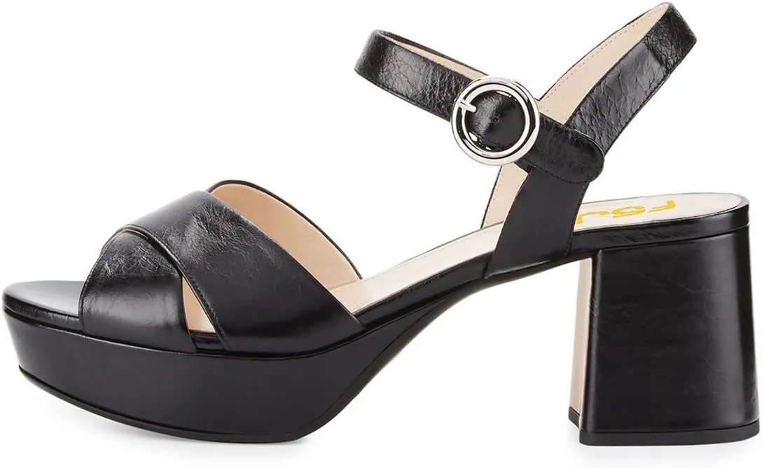FSJ Women Peep Toe Chunky High Heels Platform Sandals Ankle Strap Velvet & Suede Summer Dress Wedding Prom Shoes Size 4-15 US