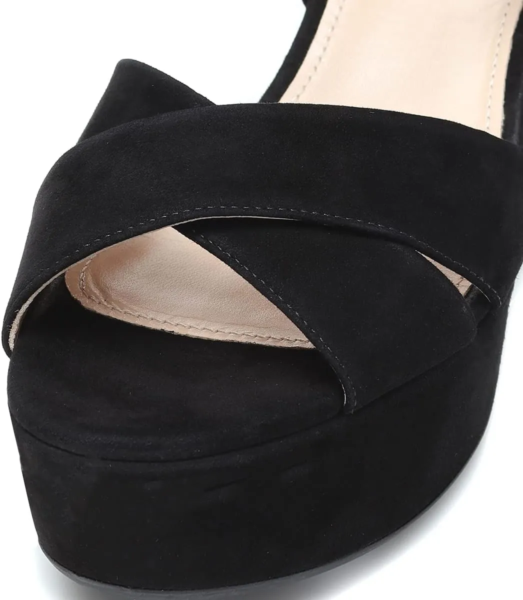FSJ Women Peep Toe Chunky High Heels Platform Sandals Ankle Strap Velvet & Suede Summer Dress Wedding Prom Shoes Size 4-15 US