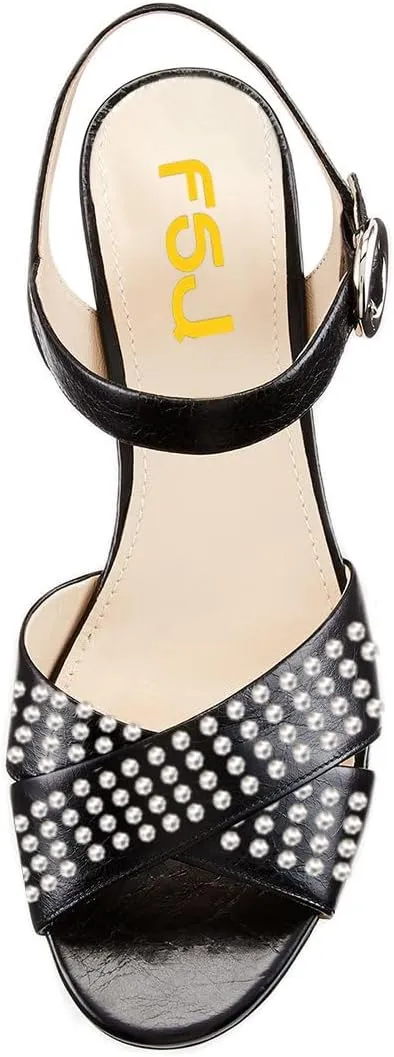 FSJ Women Peep Toe Chunky High Heels Platform Sandals Ankle Strap Velvet & Suede Summer Dress Wedding Prom Shoes Size 4-15 US