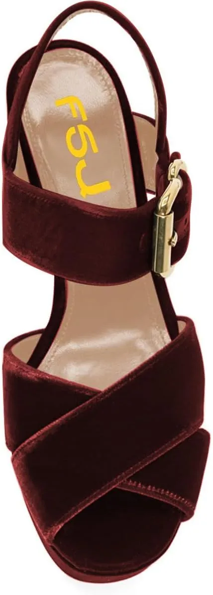 FSJ Women Peep Toe Chunky High Heels Platform Sandals Ankle Strap Velvet & Suede Summer Dress Wedding Prom Shoes Size 4-15 US