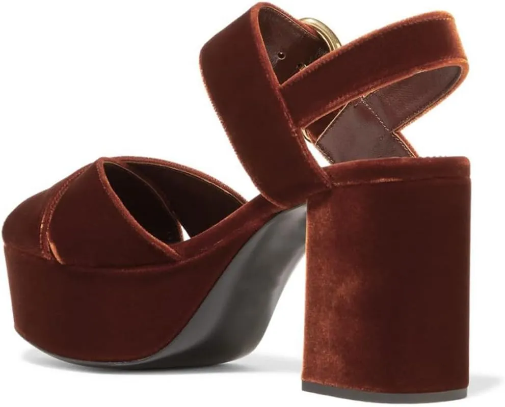 FSJ Women Peep Toe Chunky High Heels Platform Sandals Ankle Strap Velvet & Suede Summer Dress Wedding Prom Shoes Size 4-15 US