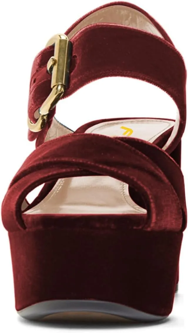 FSJ Women Peep Toe Chunky High Heels Platform Sandals Ankle Strap Velvet & Suede Summer Dress Wedding Prom Shoes Size 4-15 US