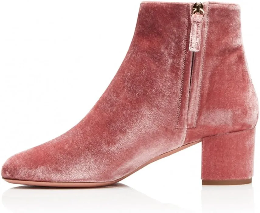 FSJ Women Round Toe Velvet Ankle Boots Block Heel Side Zipper Office Shoes for Comfort Size 4-15 US