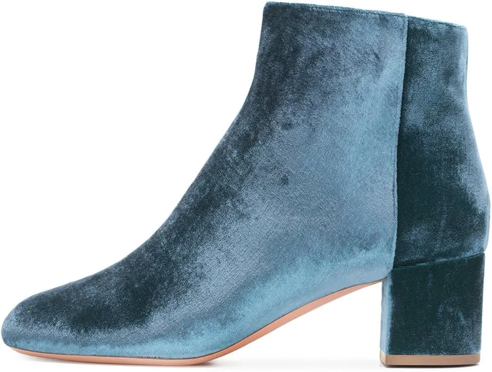 FSJ Women Round Toe Velvet Ankle Boots Block Heel Side Zipper Office Shoes for Comfort Size 4-15 US