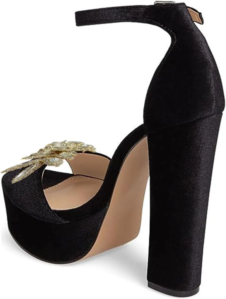 FSJ Women Sexy Ankle Strap Platform Sandal Chunky High Heel Open Toe Velvet Summer Shoes Flower Size 4-15 M US