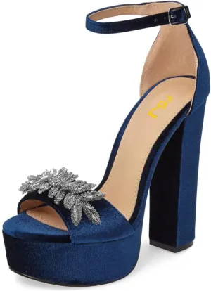 FSJ Women Sexy Ankle Strap Platform Sandal Chunky High Heel Open Toe Velvet Summer Shoes Flower Size 4-15 M US